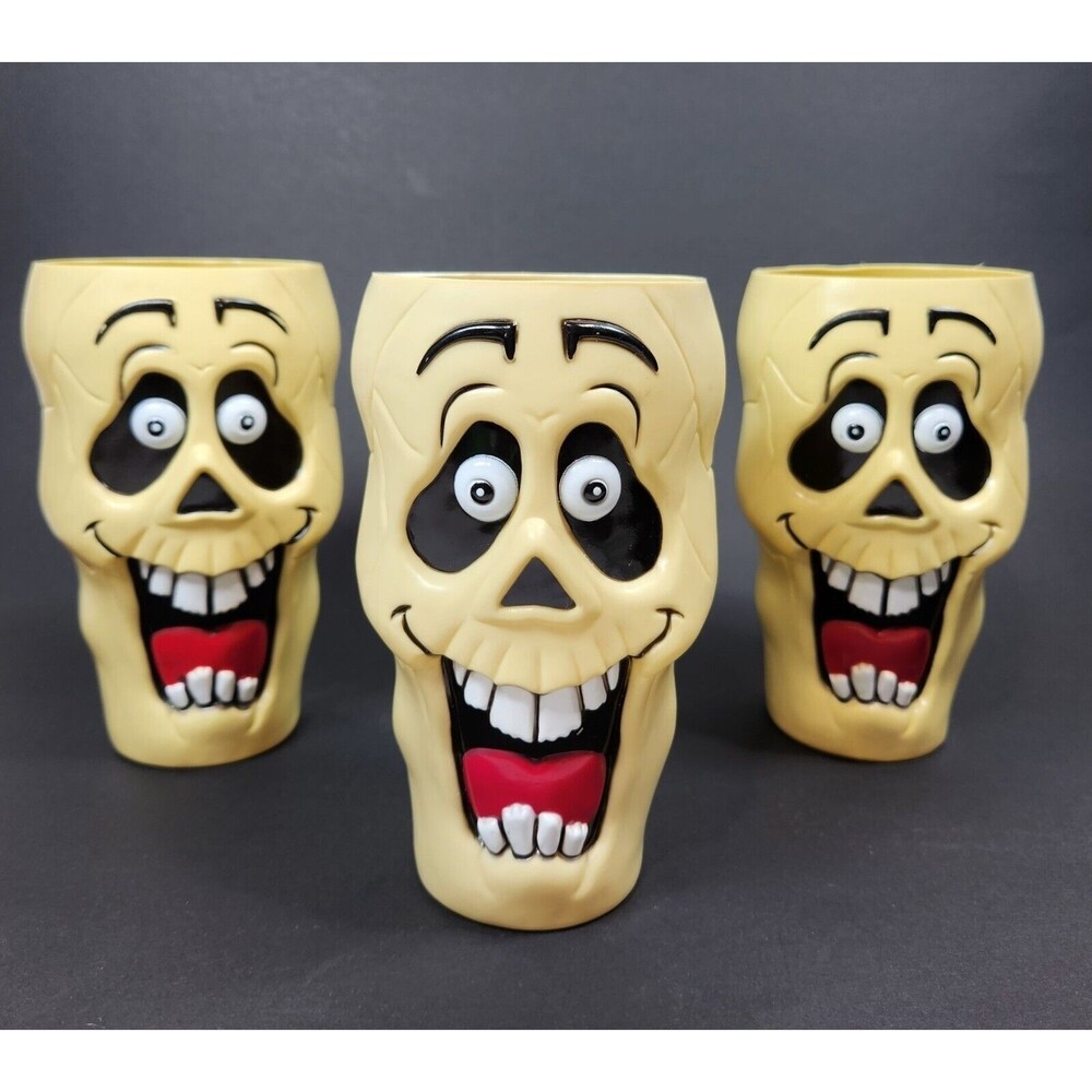 Halloween Skeleton Plastic Cups 3 Lot Mold Formed Silly Monsters 6 inch